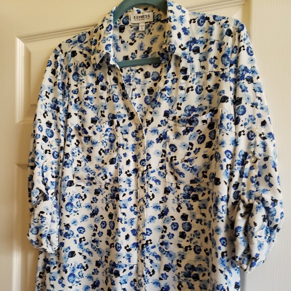 Express Portofino Shirt Button Down Long Sleeve Roll Tab Blouse Size Large